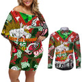 Personalised Rabbitohs ANZAC Day Couples Matching Off Shoulder Short Dress and Long Sleeve Button Shirt Aboriginal Rising Sun