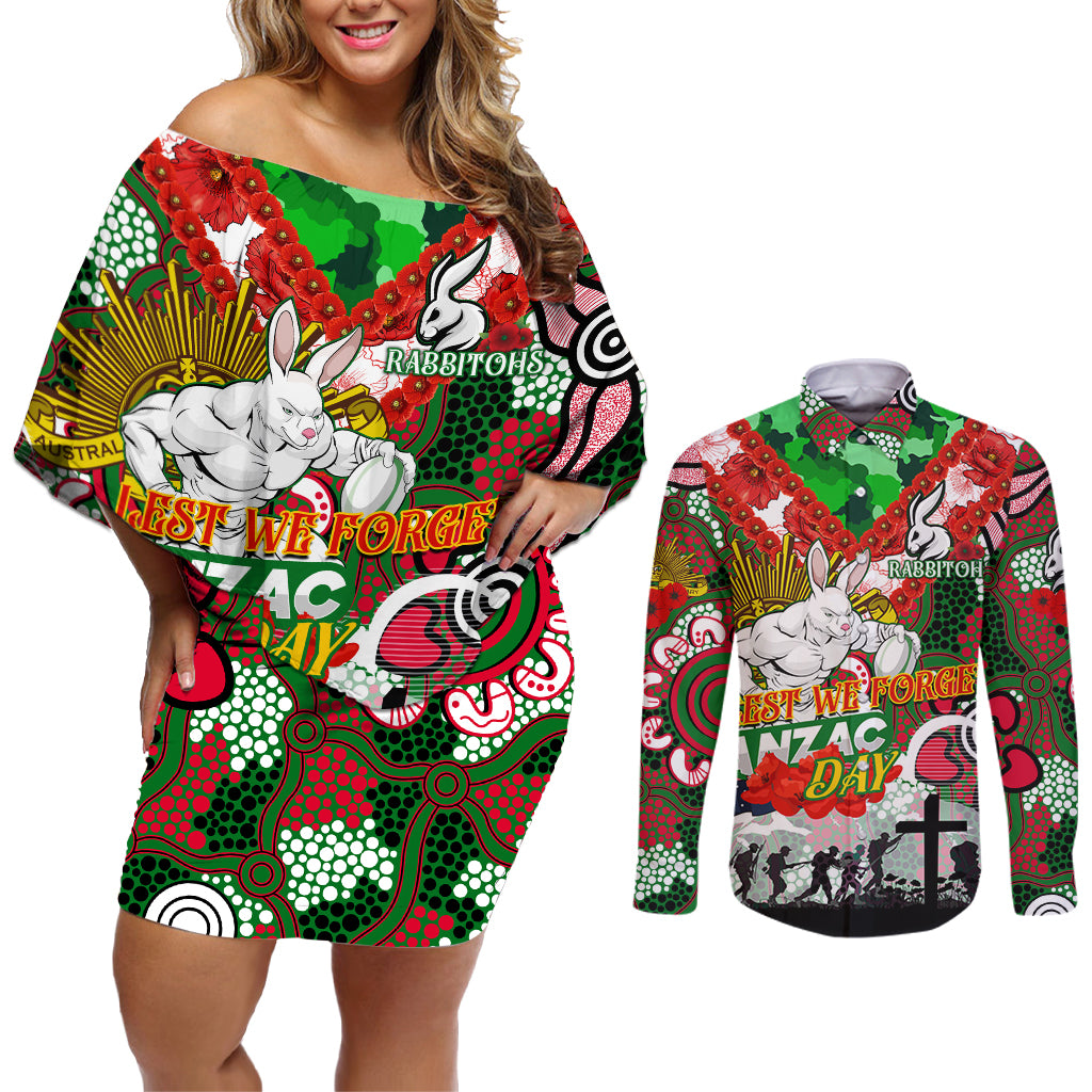 Personalised Rabbitohs ANZAC Day Couples Matching Off Shoulder Short Dress and Long Sleeve Button Shirt Aboriginal Rising Sun