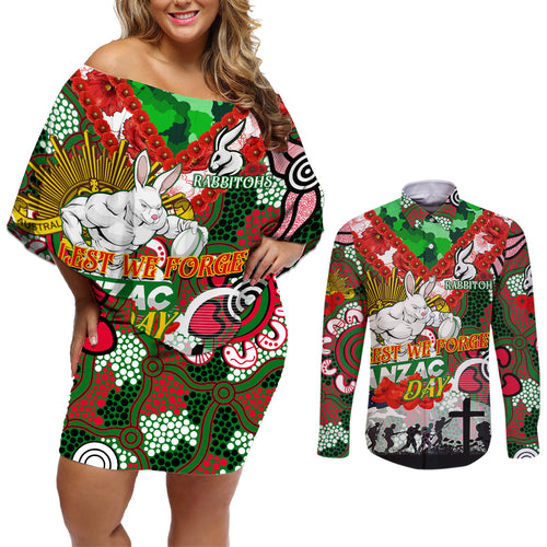 Personalised Rabbitohs ANZAC Day Couples Matching Off Shoulder Short Dress and Long Sleeve Button Shirt Aboriginal Rising Sun