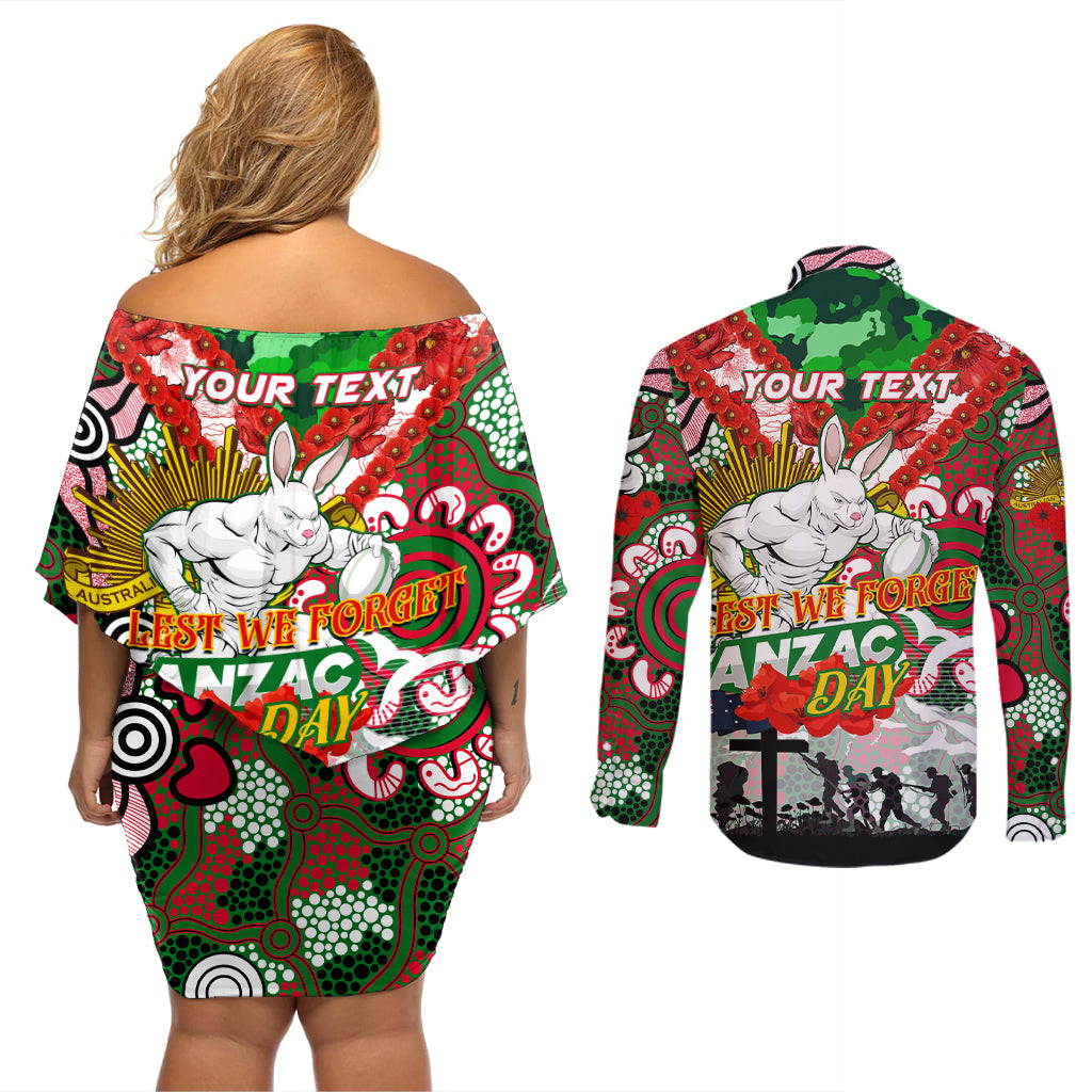 Personalised Rabbitohs ANZAC Day Couples Matching Off Shoulder Short Dress and Long Sleeve Button Shirt Aboriginal Rising Sun