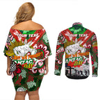 Personalised Rabbitohs ANZAC Day Couples Matching Off Shoulder Short Dress and Long Sleeve Button Shirt Aboriginal Rising Sun