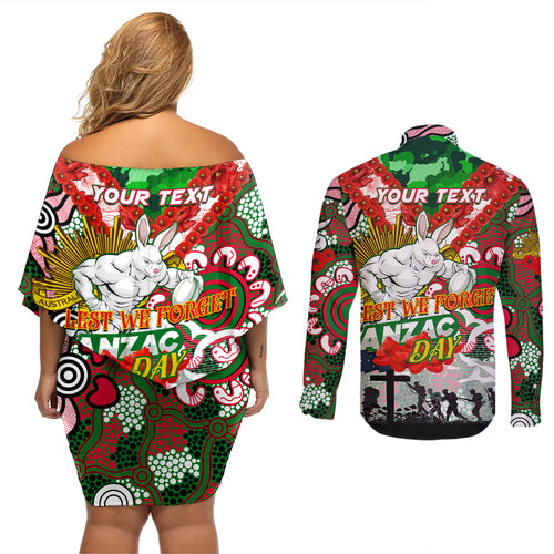 Personalised Rabbitohs ANZAC Day Couples Matching Off Shoulder Short Dress and Long Sleeve Button Shirt Aboriginal Rising Sun