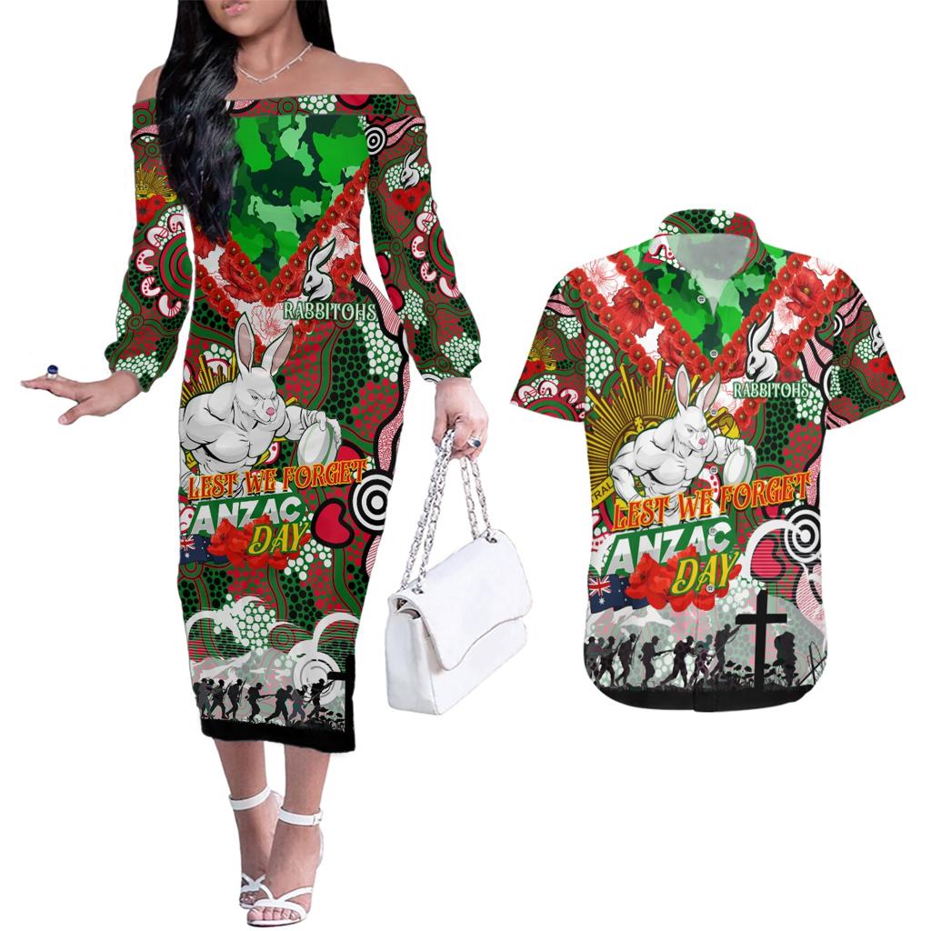 Personalised Rabbitohs ANZAC Day Couples Matching Off The Shoulder Long Sleeve Dress and Hawaiian Shirt Aboriginal Rising Sun