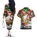 Personalised Rabbitohs ANZAC Day Couples Matching Off The Shoulder Long Sleeve Dress and Hawaiian Shirt Aboriginal Rising Sun