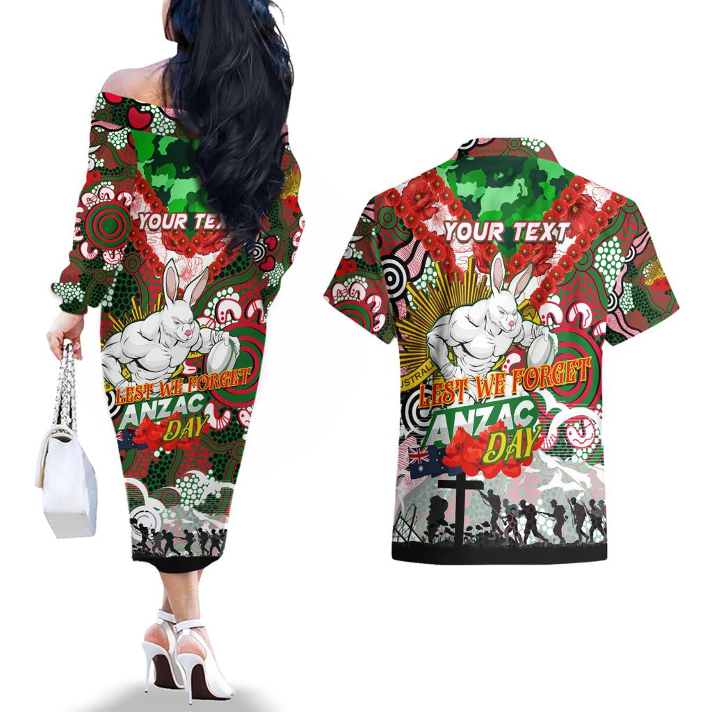 Personalised Rabbitohs ANZAC Day Couples Matching Off The Shoulder Long Sleeve Dress and Hawaiian Shirt Aboriginal Rising Sun