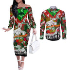 Personalised Rabbitohs ANZAC Day Couples Matching Off The Shoulder Long Sleeve Dress and Long Sleeve Button Shirt Aboriginal Rising Sun