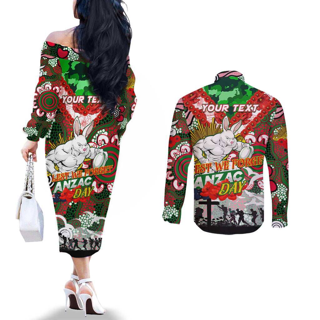 Personalised Rabbitohs ANZAC Day Couples Matching Off The Shoulder Long Sleeve Dress and Long Sleeve Button Shirt Aboriginal Rising Sun