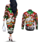 Personalised Rabbitohs ANZAC Day Couples Matching Off The Shoulder Long Sleeve Dress and Long Sleeve Button Shirt Aboriginal Rising Sun