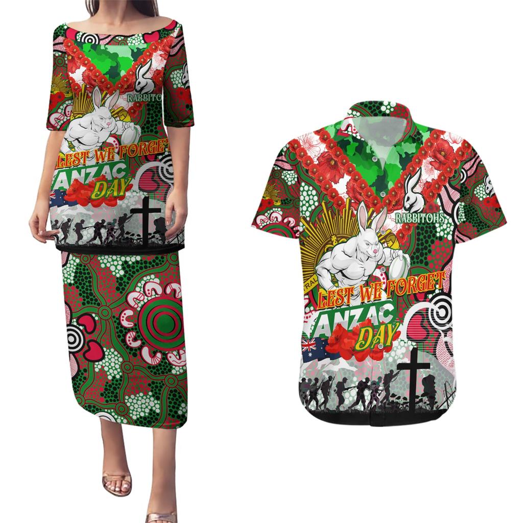 Personalised Rabbitohs ANZAC Day Couples Matching Puletasi and Hawaiian Shirt Aboriginal Rising Sun