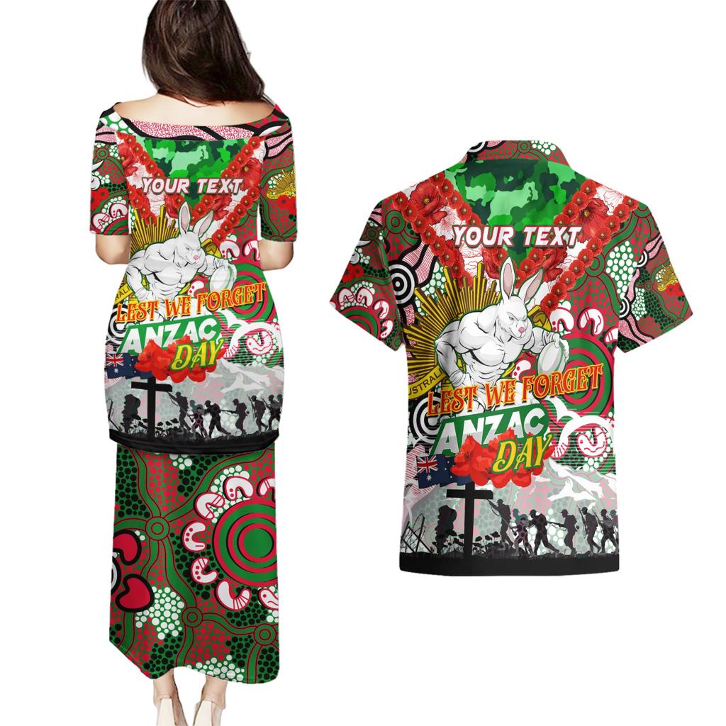 Personalised Rabbitohs ANZAC Day Couples Matching Puletasi and Hawaiian Shirt Aboriginal Rising Sun