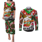 Personalised Rabbitohs ANZAC Day Couples Matching Puletasi and Long Sleeve Button Shirt Aboriginal Rising Sun