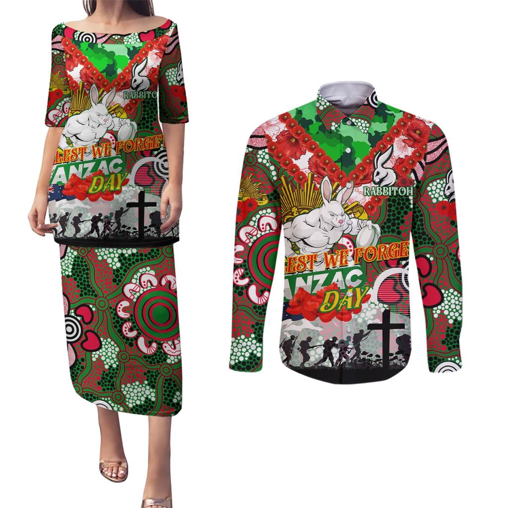 Personalised Rabbitohs ANZAC Day Couples Matching Puletasi and Long Sleeve Button Shirt Aboriginal Rising Sun