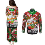 Personalised Rabbitohs ANZAC Day Couples Matching Puletasi and Long Sleeve Button Shirt Aboriginal Rising Sun