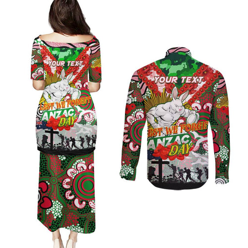 Personalised Rabbitohs ANZAC Day Couples Matching Puletasi and Long Sleeve Button Shirt Aboriginal Rising Sun