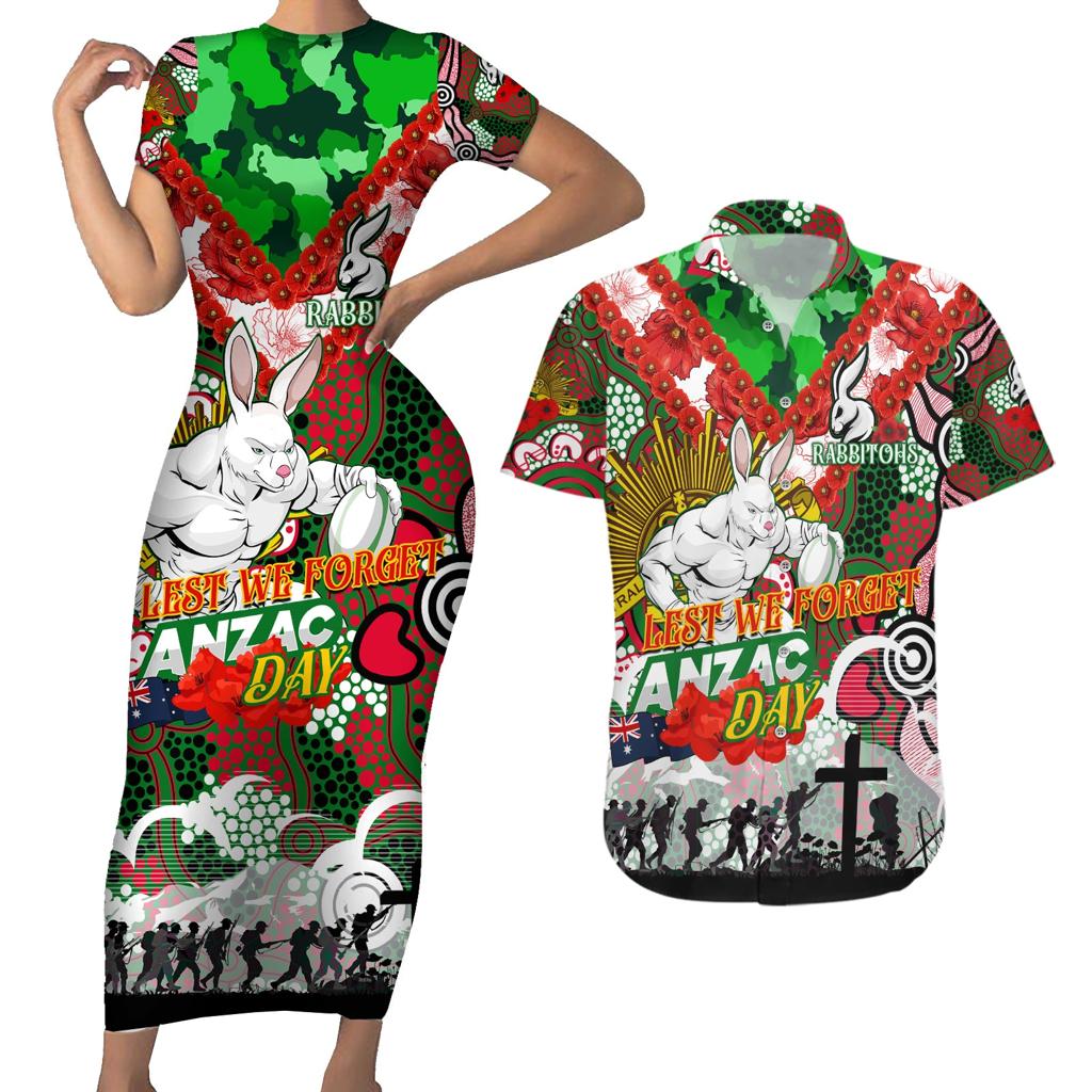 Personalised Rabbitohs ANZAC Day Couples Matching Short Sleeve Bodycon Dress and Hawaiian Shirt Aboriginal Rising Sun