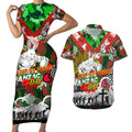 Personalised Rabbitohs ANZAC Day Couples Matching Short Sleeve Bodycon Dress and Hawaiian Shirt Aboriginal Rising Sun