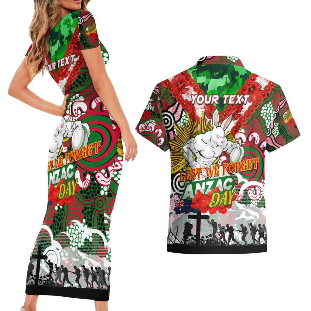 Personalised Rabbitohs ANZAC Day Couples Matching Short Sleeve Bodycon Dress and Hawaiian Shirt Aboriginal Rising Sun