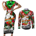 Personalised Rabbitohs ANZAC Day Couples Matching Short Sleeve Bodycon Dress and Long Sleeve Button Shirt Aboriginal Rising Sun