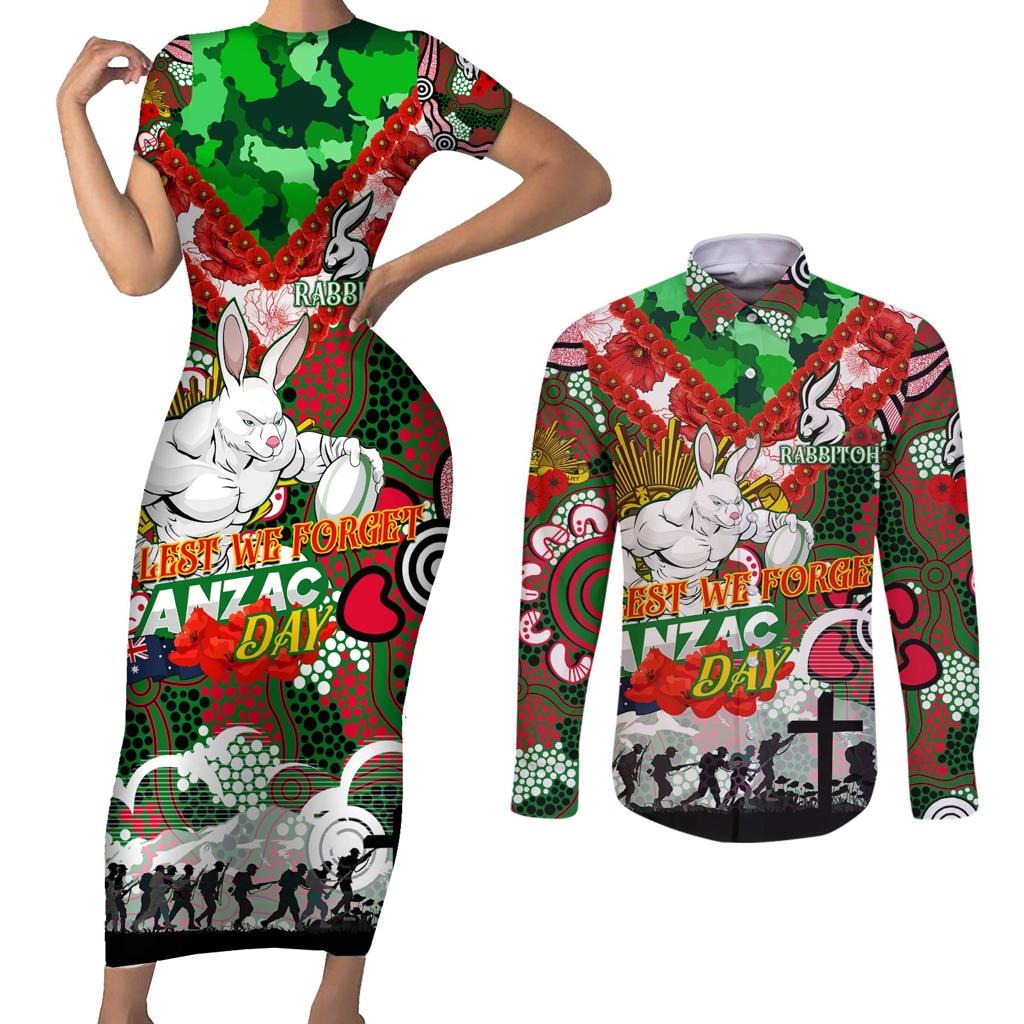 Personalised Rabbitohs ANZAC Day Couples Matching Short Sleeve Bodycon Dress and Long Sleeve Button Shirt Aboriginal Rising Sun