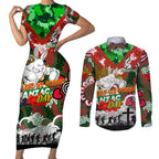 Personalised Rabbitohs ANZAC Day Couples Matching Short Sleeve Bodycon Dress and Long Sleeve Button Shirt Aboriginal Rising Sun