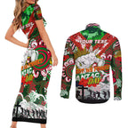Personalised Rabbitohs ANZAC Day Couples Matching Short Sleeve Bodycon Dress and Long Sleeve Button Shirt Aboriginal Rising Sun
