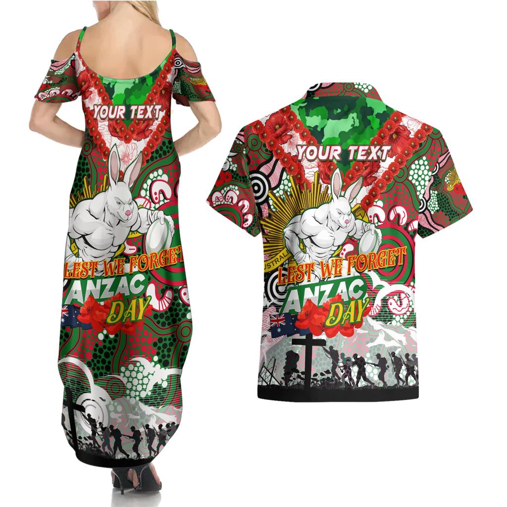 Personalised Rabbitohs ANZAC Day Couples Matching Summer Maxi Dress and Hawaiian Shirt Aboriginal Rising Sun
