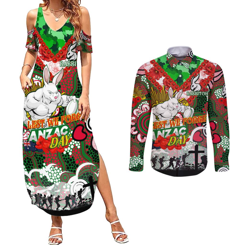 Personalised Rabbitohs ANZAC Day Couples Matching Summer Maxi Dress and Long Sleeve Button Shirt Aboriginal Rising Sun