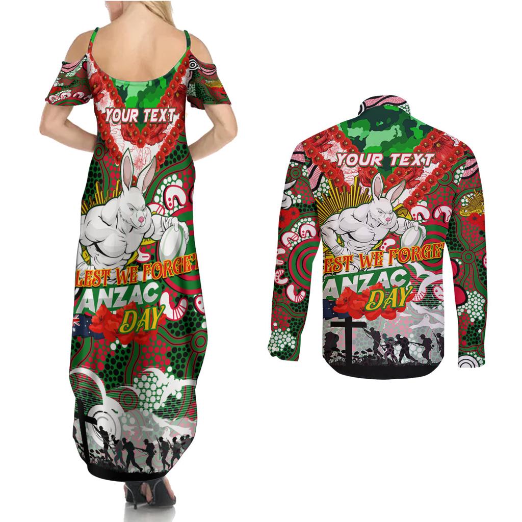 Personalised Rabbitohs ANZAC Day Couples Matching Summer Maxi Dress and Long Sleeve Button Shirt Aboriginal Rising Sun