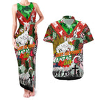 Personalised Rabbitohs ANZAC Day Couples Matching Tank Maxi Dress and Hawaiian Shirt Aboriginal Rising Sun