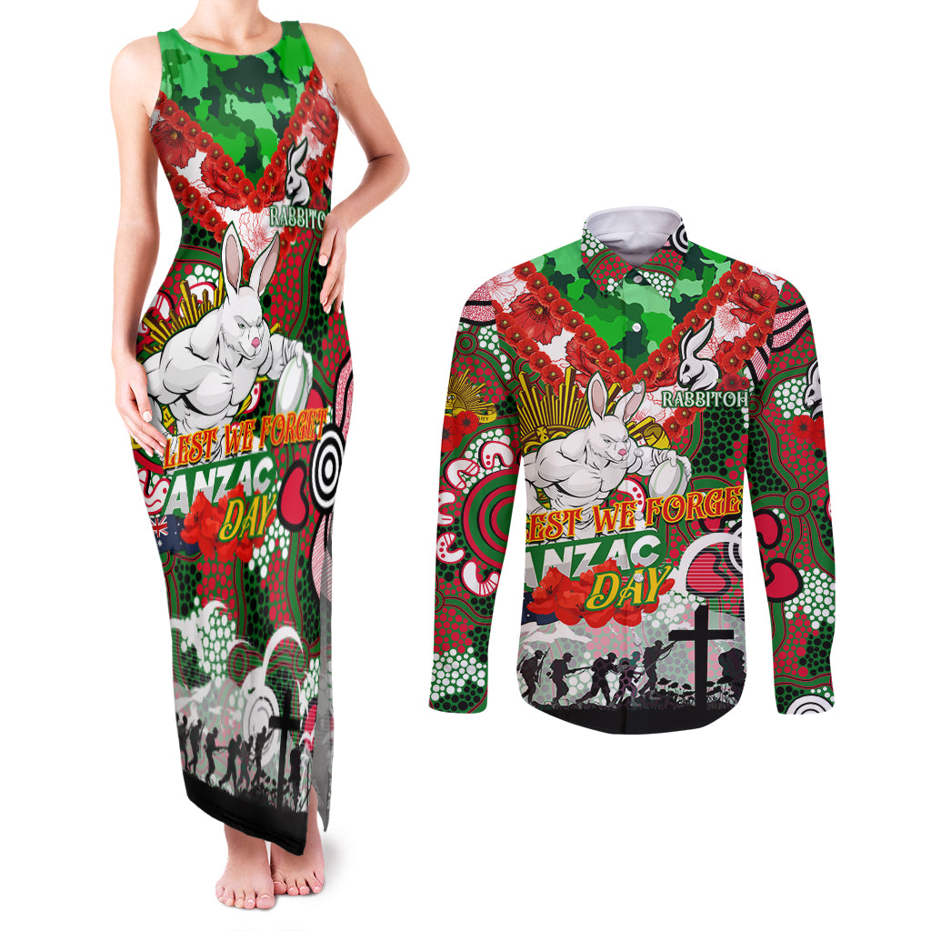 Personalised Rabbitohs ANZAC Day Couples Matching Tank Maxi Dress and Long Sleeve Button Shirt Aboriginal Rising Sun
