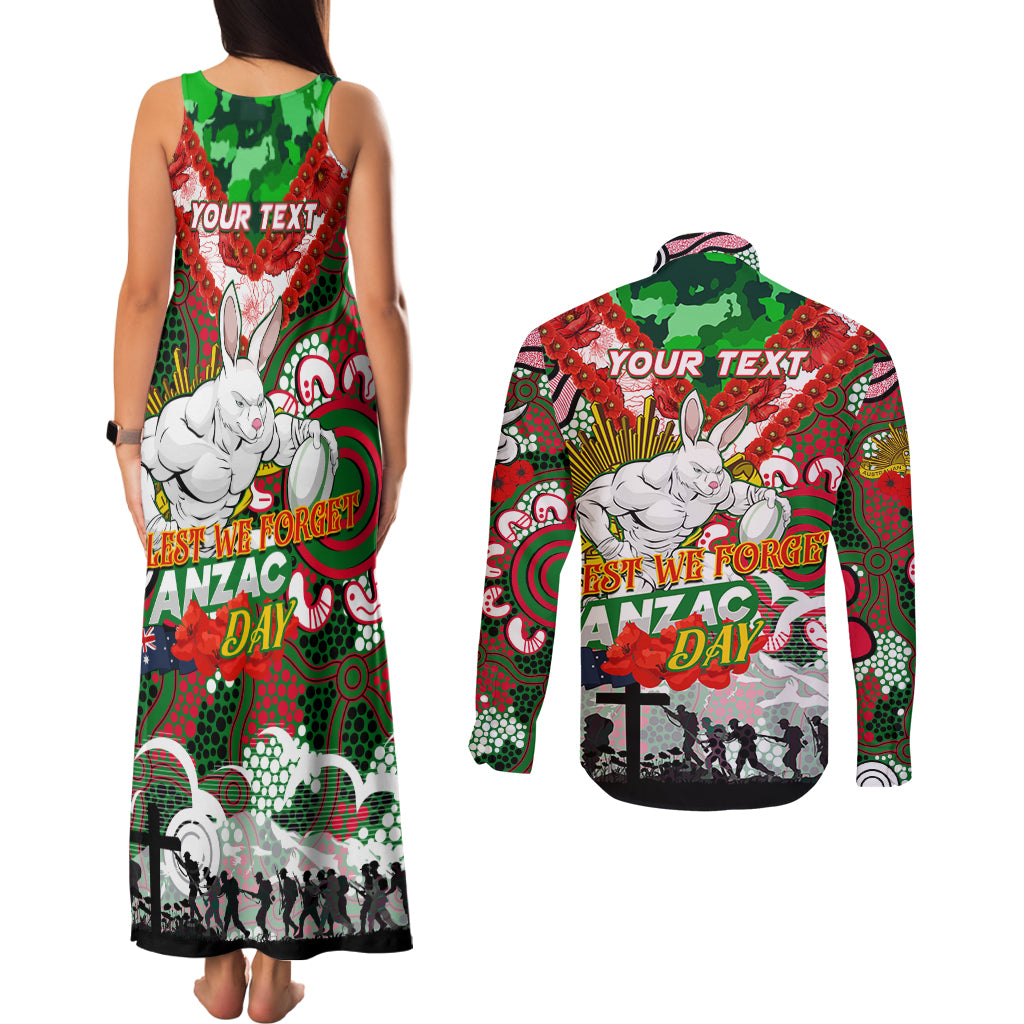 Personalised Rabbitohs ANZAC Day Couples Matching Tank Maxi Dress and Long Sleeve Button Shirt Aboriginal Rising Sun