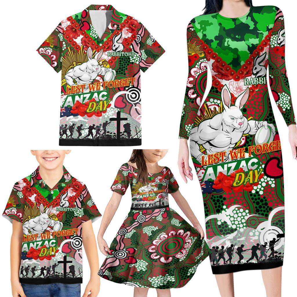 Personalised Rabbitohs ANZAC Day Family Matching Long Sleeve Bodycon Dress and Hawaiian Shirt Aboriginal Rising Sun