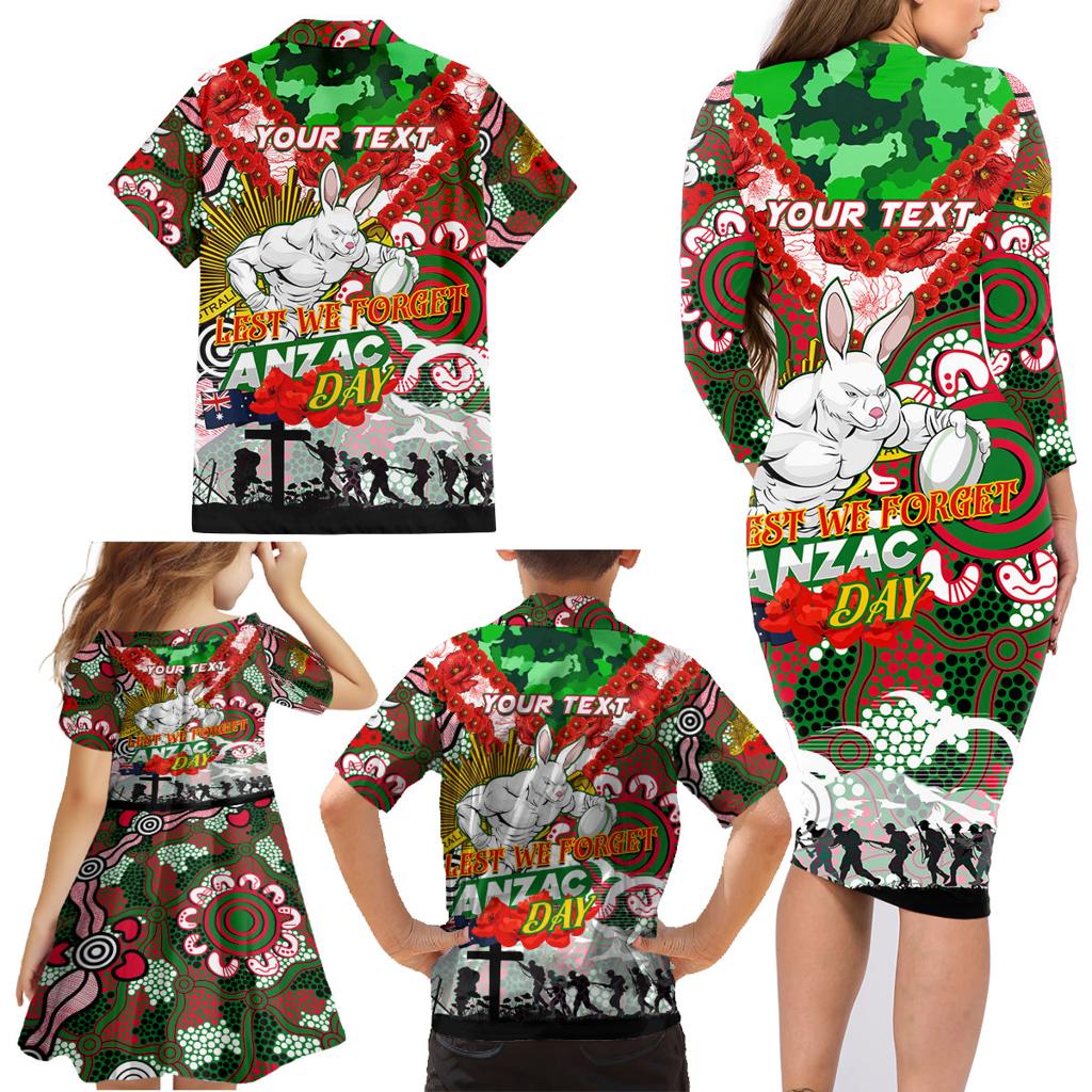 Personalised Rabbitohs ANZAC Day Family Matching Long Sleeve Bodycon Dress and Hawaiian Shirt Aboriginal Rising Sun