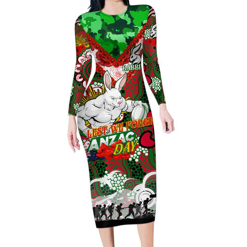 Personalised Rabbitohs ANZAC Day Family Matching Long Sleeve Bodycon Dress and Hawaiian Shirt Aboriginal Rising Sun