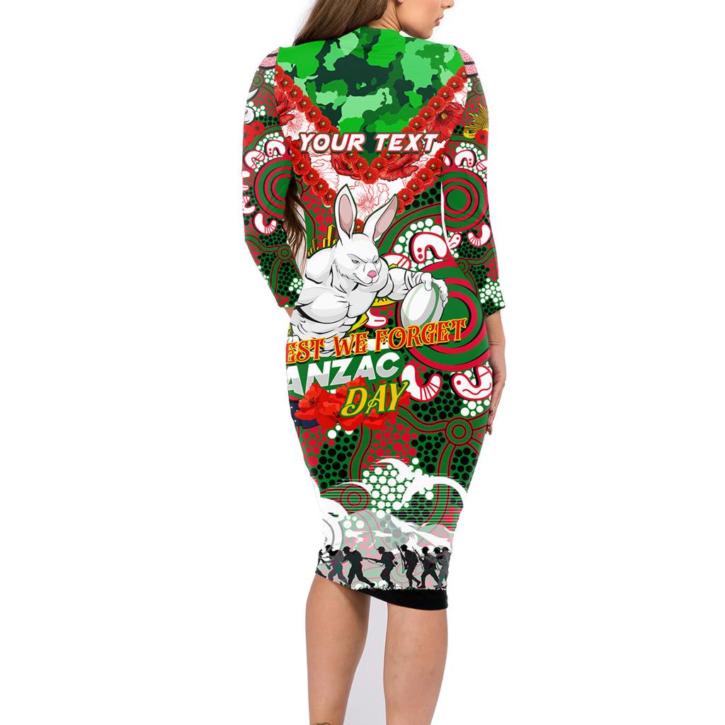 Personalised Rabbitohs ANZAC Day Family Matching Long Sleeve Bodycon Dress and Hawaiian Shirt Aboriginal Rising Sun