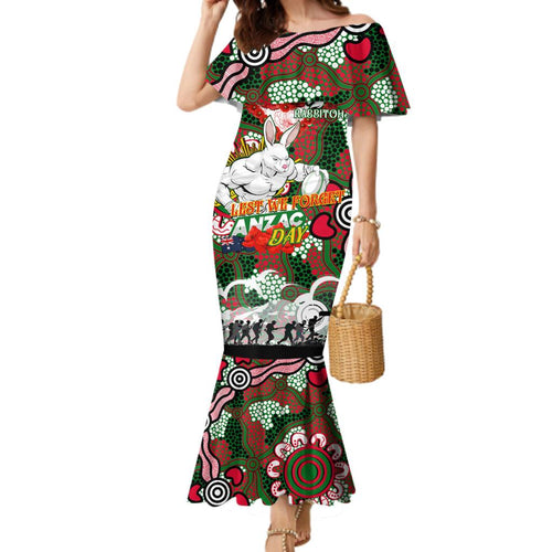 Personalised Rabbitohs ANZAC Day Family Matching Mermaid Dress and Hawaiian Shirt Aboriginal Rising Sun