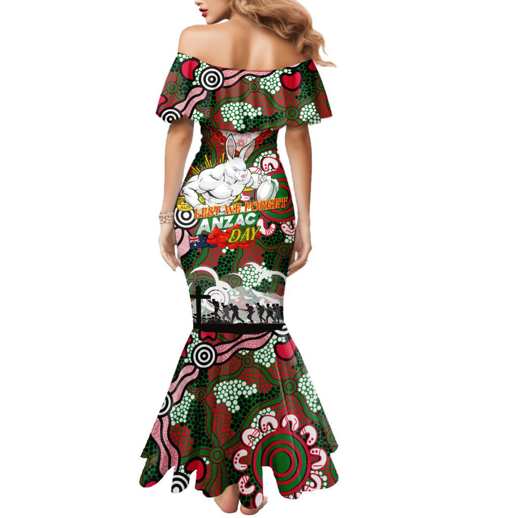 Personalised Rabbitohs ANZAC Day Family Matching Mermaid Dress and Hawaiian Shirt Aboriginal Rising Sun