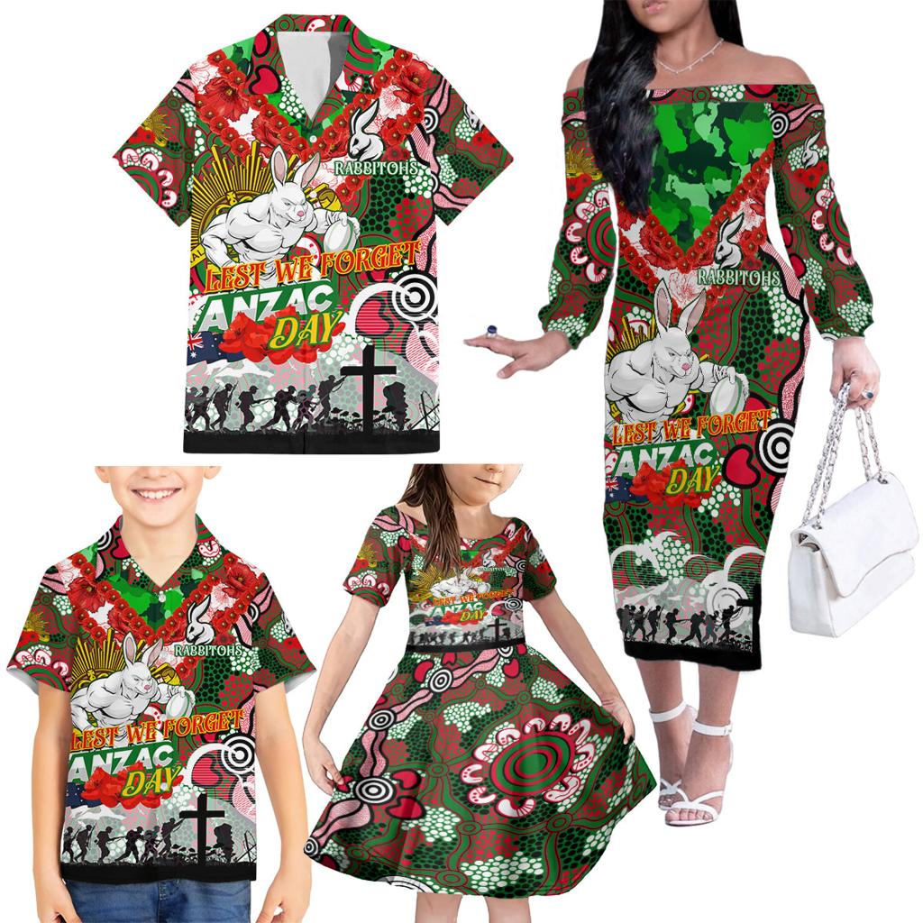 Personalised Rabbitohs ANZAC Day Family Matching Off The Shoulder Long Sleeve Dress and Hawaiian Shirt Aboriginal Rising Sun