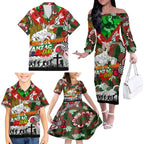 Personalised Rabbitohs ANZAC Day Family Matching Off The Shoulder Long Sleeve Dress and Hawaiian Shirt Aboriginal Rising Sun