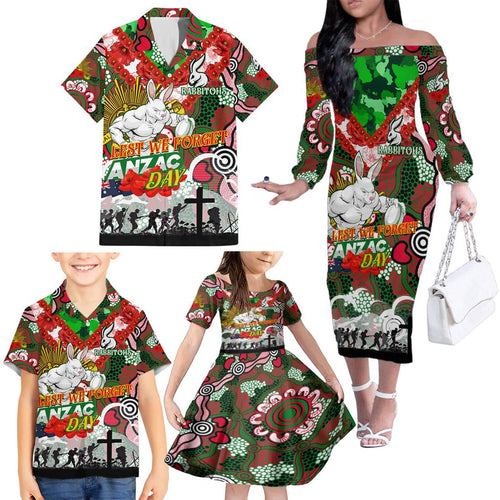 Personalised Rabbitohs ANZAC Day Family Matching Off The Shoulder Long Sleeve Dress and Hawaiian Shirt Aboriginal Rising Sun