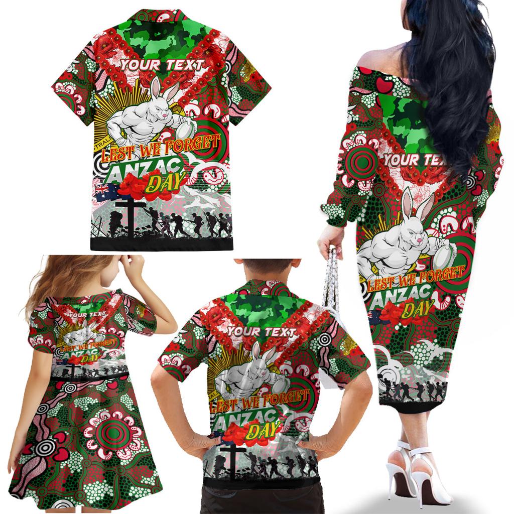 Personalised Rabbitohs ANZAC Day Family Matching Off The Shoulder Long Sleeve Dress and Hawaiian Shirt Aboriginal Rising Sun
