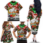Personalised Rabbitohs ANZAC Day Family Matching Off The Shoulder Long Sleeve Dress and Hawaiian Shirt Aboriginal Rising Sun