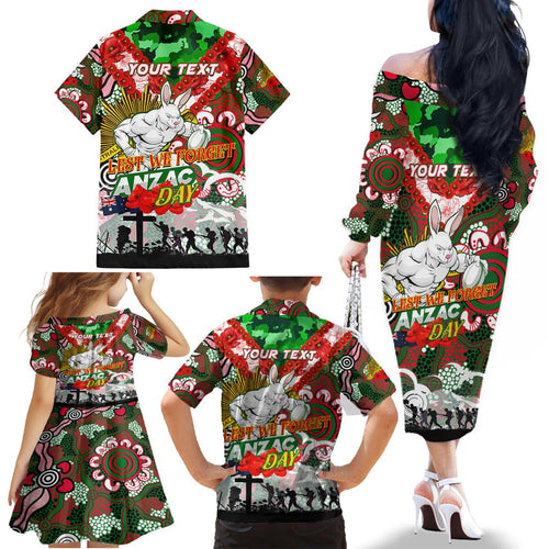 Personalised Rabbitohs ANZAC Day Family Matching Off The Shoulder Long Sleeve Dress and Hawaiian Shirt Aboriginal Rising Sun