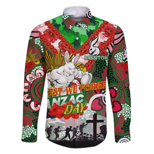 Personalised Rabbitohs ANZAC Day Family Matching Off The Shoulder Long Sleeve Dress and Hawaiian Shirt Aboriginal Rising Sun