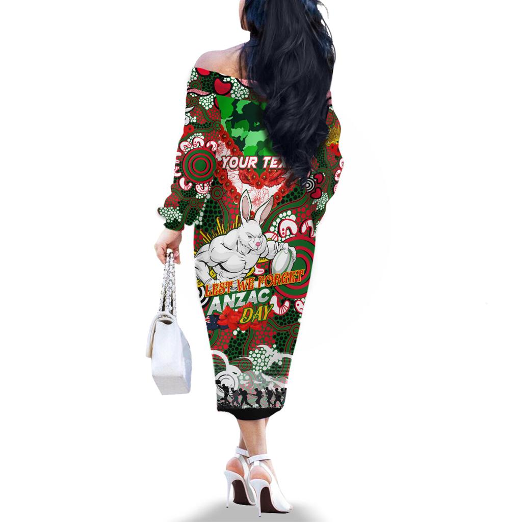 Personalised Rabbitohs ANZAC Day Family Matching Off The Shoulder Long Sleeve Dress and Hawaiian Shirt Aboriginal Rising Sun