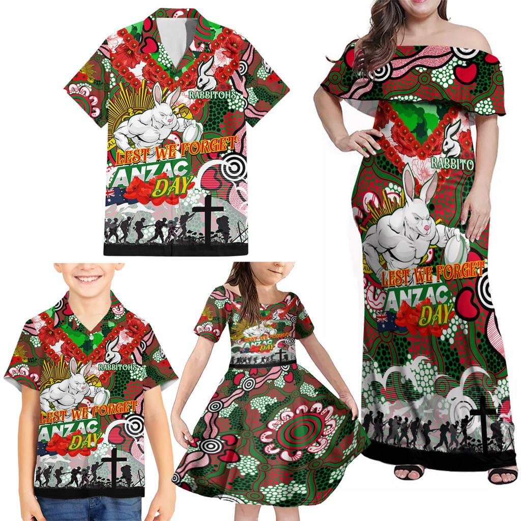 Personalised Rabbitohs ANZAC Day Family Matching Off Shoulder Maxi Dress and Hawaiian Shirt Aboriginal Rising Sun