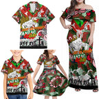 Personalised Rabbitohs ANZAC Day Family Matching Off Shoulder Maxi Dress and Hawaiian Shirt Aboriginal Rising Sun