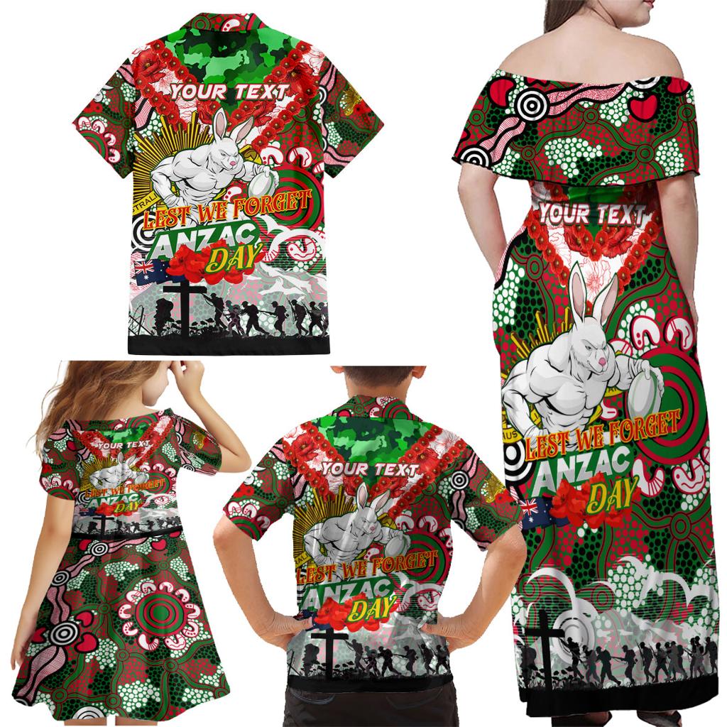 Personalised Rabbitohs ANZAC Day Family Matching Off Shoulder Maxi Dress and Hawaiian Shirt Aboriginal Rising Sun