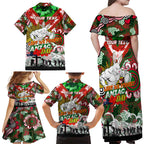 Personalised Rabbitohs ANZAC Day Family Matching Off Shoulder Maxi Dress and Hawaiian Shirt Aboriginal Rising Sun