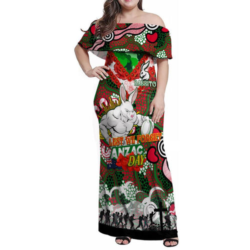 Personalised Rabbitohs ANZAC Day Family Matching Off Shoulder Maxi Dress and Hawaiian Shirt Aboriginal Rising Sun